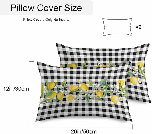 Waterproof Throw Pillow Covers Set of 2, 20x12 Inch Watercolor Black and White Buffalo Check Lemon Pattern Decorative Pillowcases Outdoor Cushion Covers Set for Couch Tent