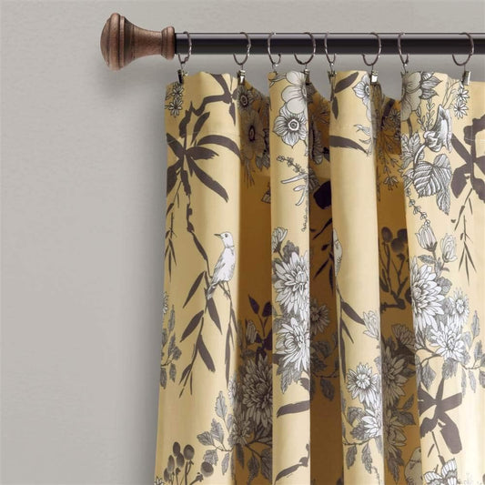 Lush Decor Botanical Garden Curtains Floral Bird Print Light Filtering Window Panel Drapes Set for Living, Dining, Bedroom (Pair), Yellow, 52"W x 84L"