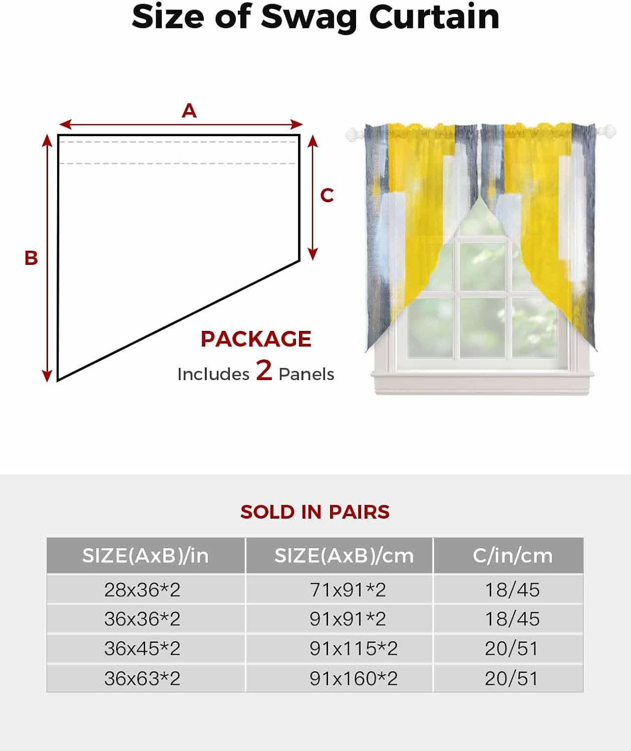 Gray Yellow White Geometric Sheer Curtains Swag Valances for Windows Gradient Abstract Mottled Paint Texture Rod Pocket Swag Curtain Small Window Curtain for Kitchen Living Room, 1 Pair 28"W x 36"L