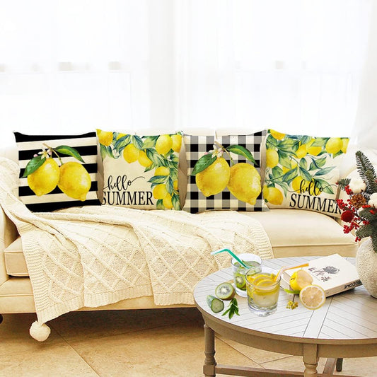 Ogiselestyle Watercolor Stripes Lemon Hello Summer Throw Pillow Cover, 18 x 18 Inch Buffalo Plaid Lemons Cushion Case for Sofa Couch Set of 4
