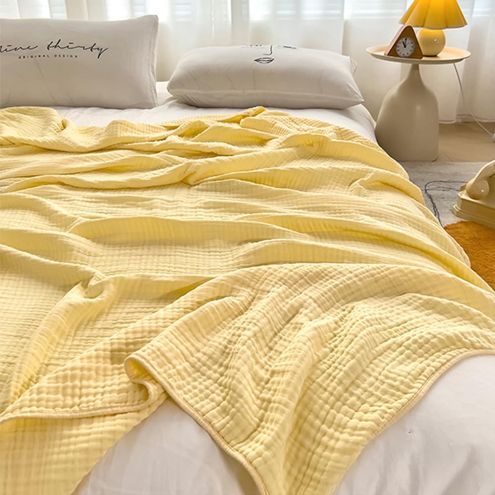 100% Cotton Muslin Throw Blanket for Bed - Knit Throw Blankets, All-Season Breathable and Lightweight Gauze Cotton Muslin Blanket,Yellow,45x60 inch