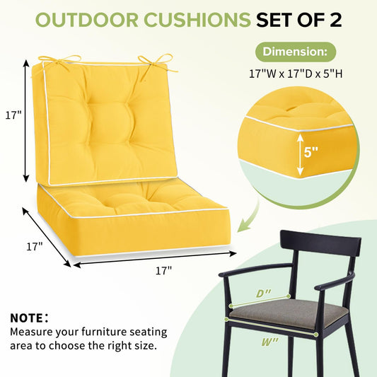 HARBOREST Outdoor Chair Cushions Set of 2, Tufted Patio Chair Cushions with Ties, Square Corner Outdoor Cushions for Patio Furniture, Lawn Chairs, Wicker Chairs, 17" x 17" x 5", Yellow