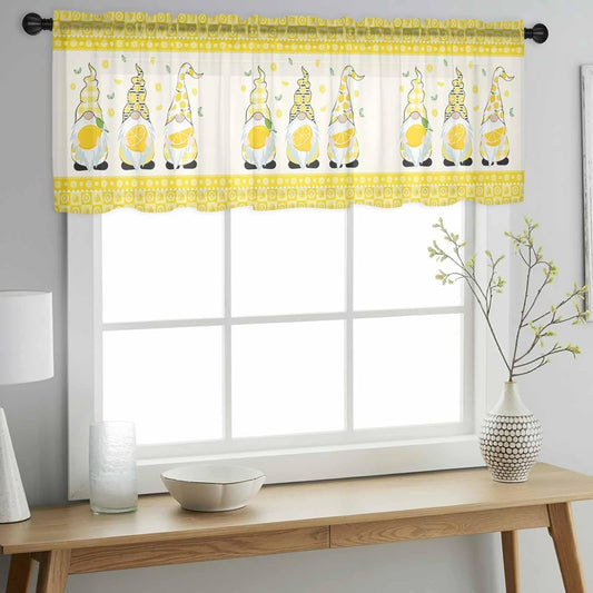 Sheer Window Valance Fruit Lemon Gnome Semi Voile Short Curtain Rod Pocket Farmhouse Green Leaves Yellow Valances Window Treatment for Bedroom Living Room Kitchen 54x18in