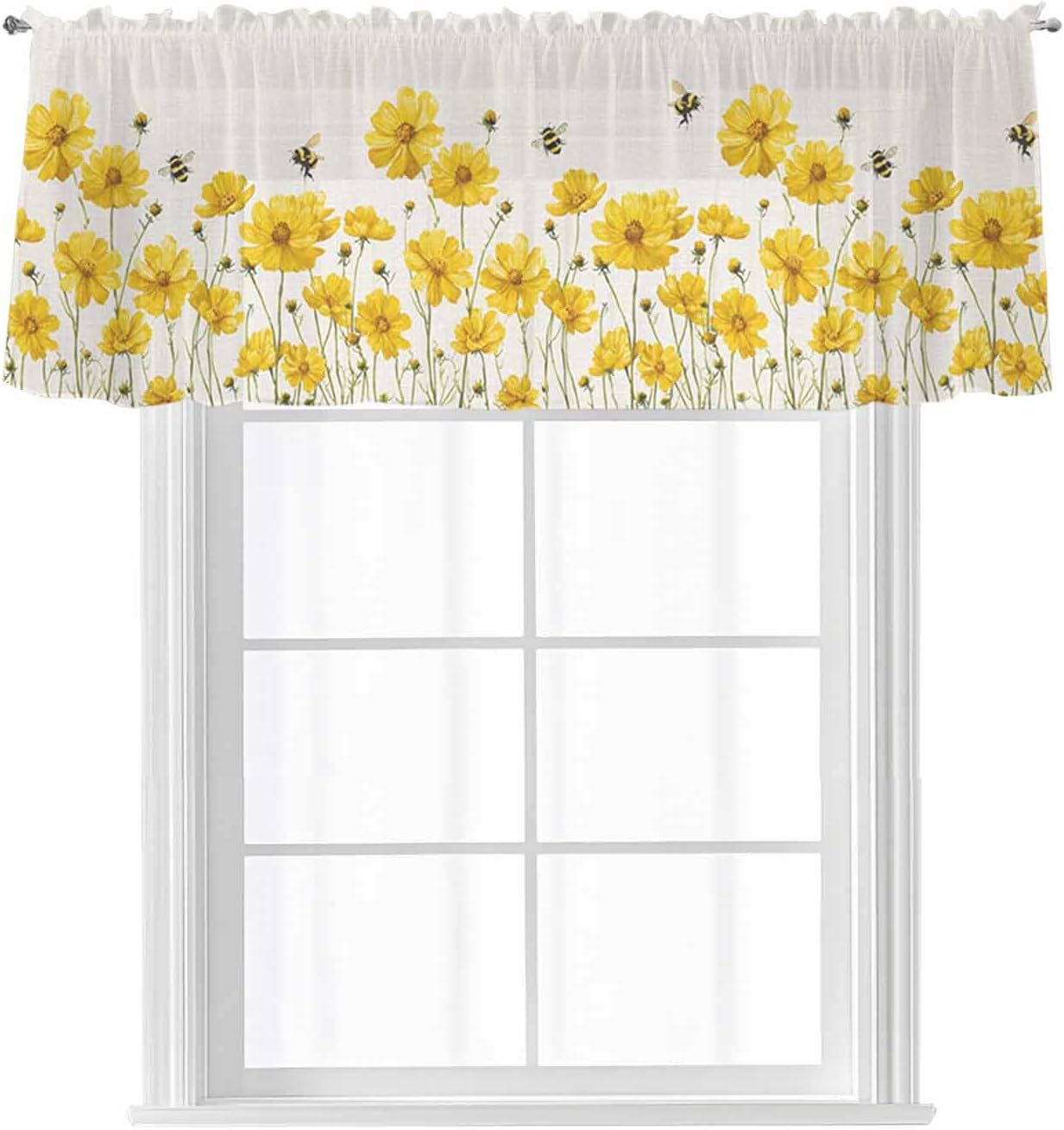 Yellow Daisy Floral Sheer Valance Curtains for Kitchen Living Room Decor, Honey Bee Rustic Flowers Semi Sheer Curtain Voile Valance Rod Pocket Window Treatment Short Curtain Panel 54"x18"