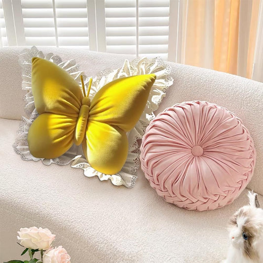 Butterfly Throw Pillow,21.6 inch Velvet Butterfly Decorative Pillow with Lace Trim,Animal Pillow for Couch Living Room Bed,Home Garden Decor (Yellow)