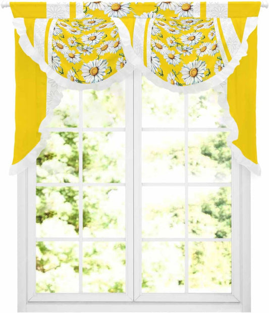 Yellow Daisy Swag Waterfall Valances for Living Room Bedroom Kitchen Windows,Vintage Botanical Flower Geometric Stripes Semi-Sheer Rod Pocket Curtains Light-filtering Drape with Lace,59"Wx41.3"L