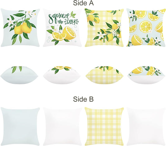 Bonhause Lemon Throw Pillow Covers 18 x 18 Inch Set of 4 Summer Fruit Farmhouse Decorative Pillows Case Soft Velvet Cushion Covers for Couch Sofa Patio Garden Home Decor