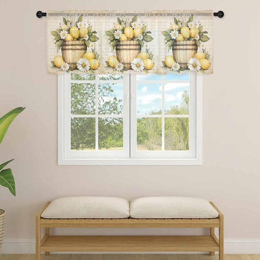 Vintage Lemon Sheer Curtain 18 Inch Long Daisy Leaves Fruit Letter Background Light Filtering Rod Pocket Voile Curtain Valance for Bedroom Kitchen Cafe Window 54" W x 18" L