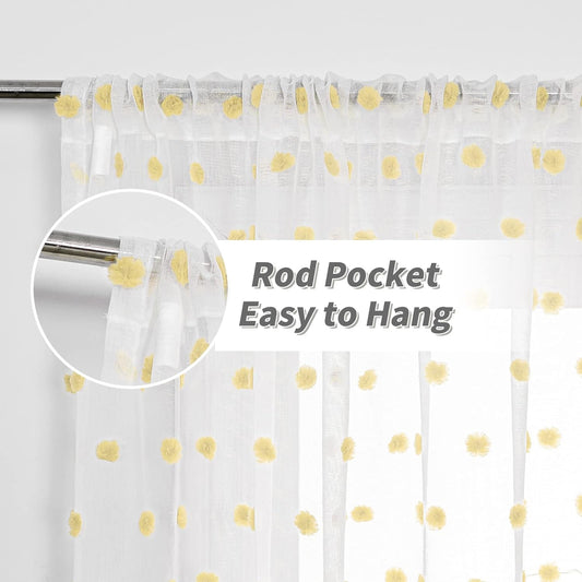 MYSKY HOME Pom Pom Sheer Curtains Rod Pocket Voile Sheer Drapes Window Curtains, 52"W x 72"L (Pack of 2), Yellow Pom Pom, Modern, All Season, Bedroom, Living Room, Nursery Room