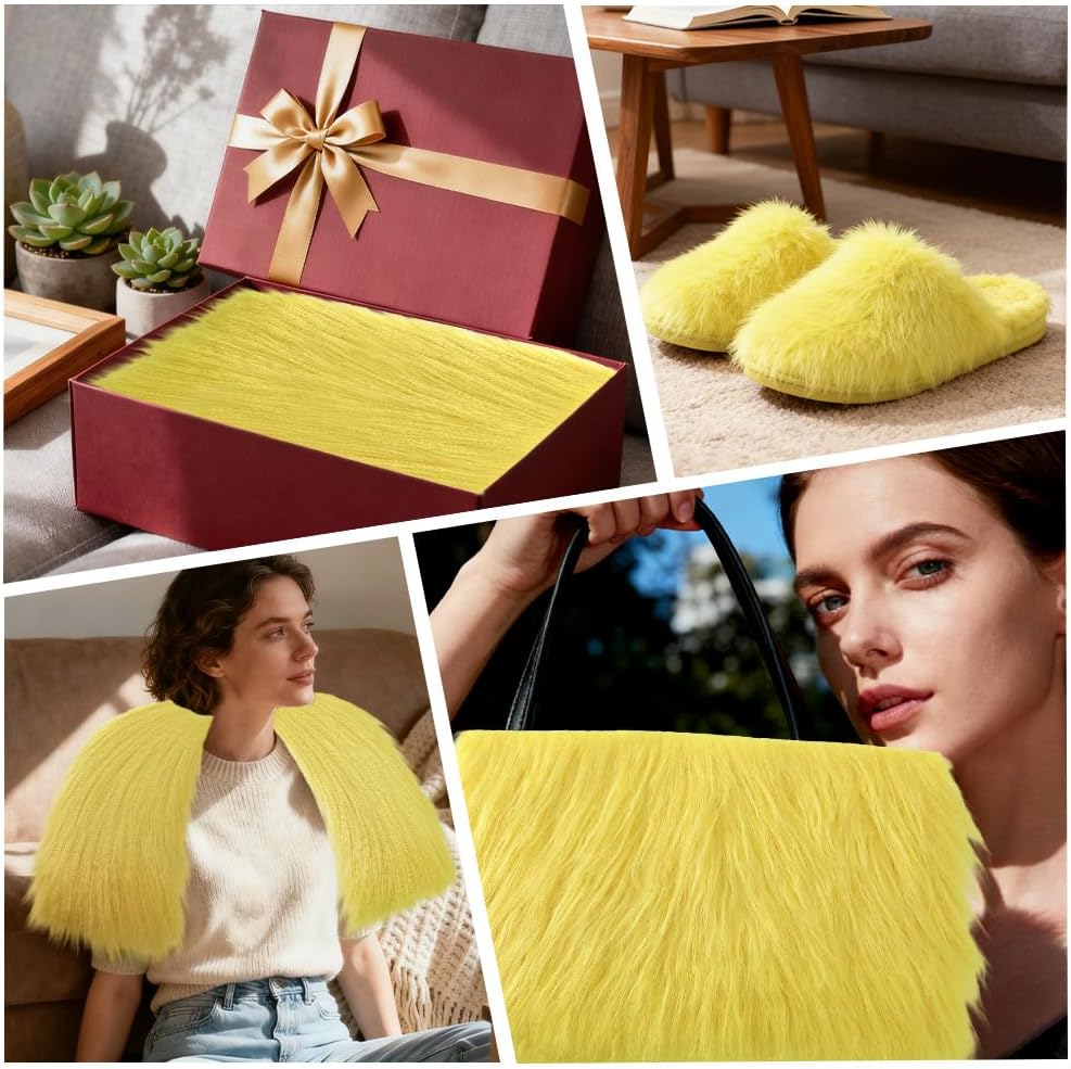 Faux Fur Fabric Fake Fluffy Fuzzy Fabrics Faux Fur for Crafts Square Shaggy Fur Patches for Halloween Christmas Costume Decorations Chair Cover Seat Cushion Pad DIY Craft Supplies 10 x 10 Inch Yellow