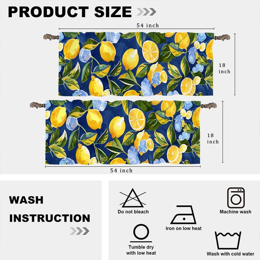 2 Panel Watercolor Lemon Navy Blue Valances for Windows, Yellow Fruit Food Rod Pocket Valance Curtains Home Decor Window Treatment for Kitchen/Living Room, 54" X 18"