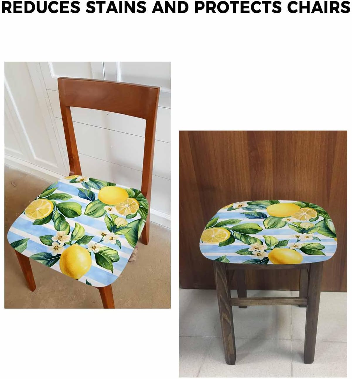 Savannan Dining Room Chair Seat Covers Set of 4 Summer Lemon Yellow Removable Stretch Chair Seat Cushion Slipcovers Protector for Holiday Party Festival Decoration, Green Leaf Blue Stripes