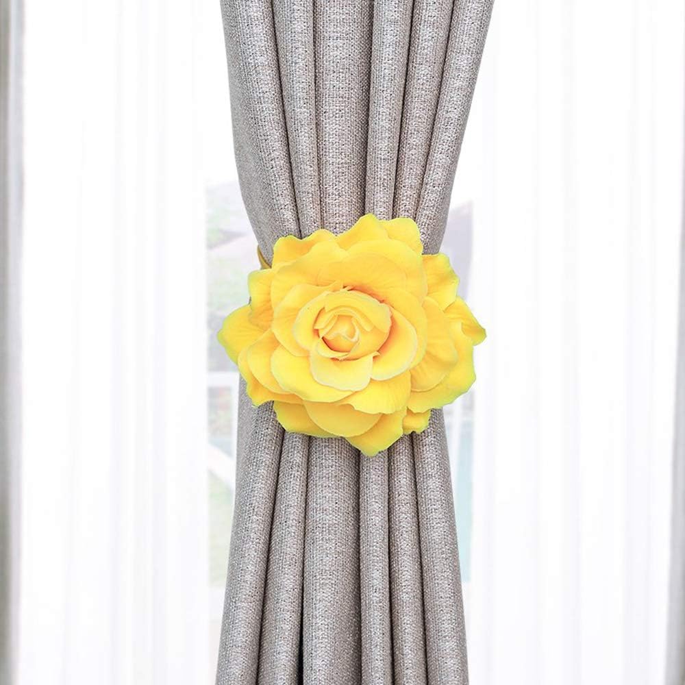 Curtain Tiebacks, Rose Magnetic Curtain Holders,Elegant 2 Pack Decorative Rope Holdback Holder, Home Decor Thin or Sheer Window Drapries Bed Canopy (Yellow)