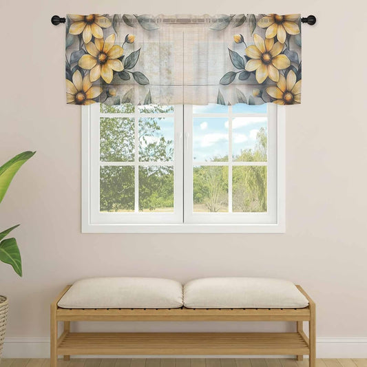 Yellow Floral Sheer Curtain 12 Inch Long Spring Vintage Plant Light Wood Grain Linen Texture Light Filtering Rod Pocket Voile Curtain Valance for Bedroom Kitchen Cafe Window 42" W x 12" L