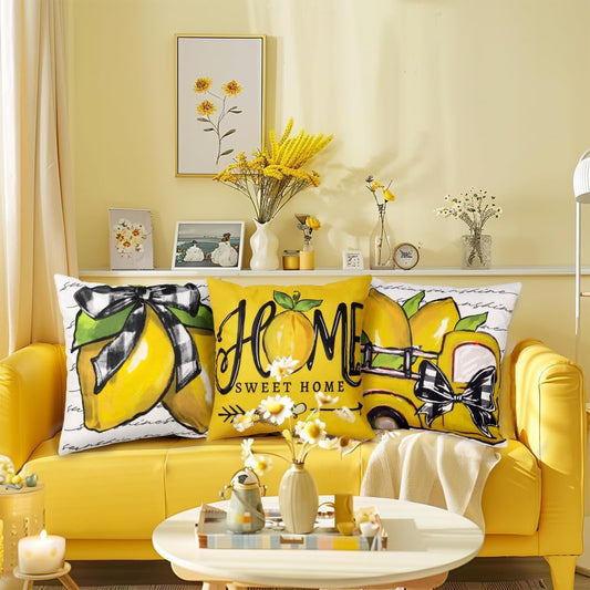 DIYDEC 4PCS Summer Pillow Covers 18x18 inch Hello Summer Throw Pillow Covers Yellow Lemon Truck Pillow Cases Sweet Home Decor Cushion for Holiday Farmhouse Home Sofa Couch