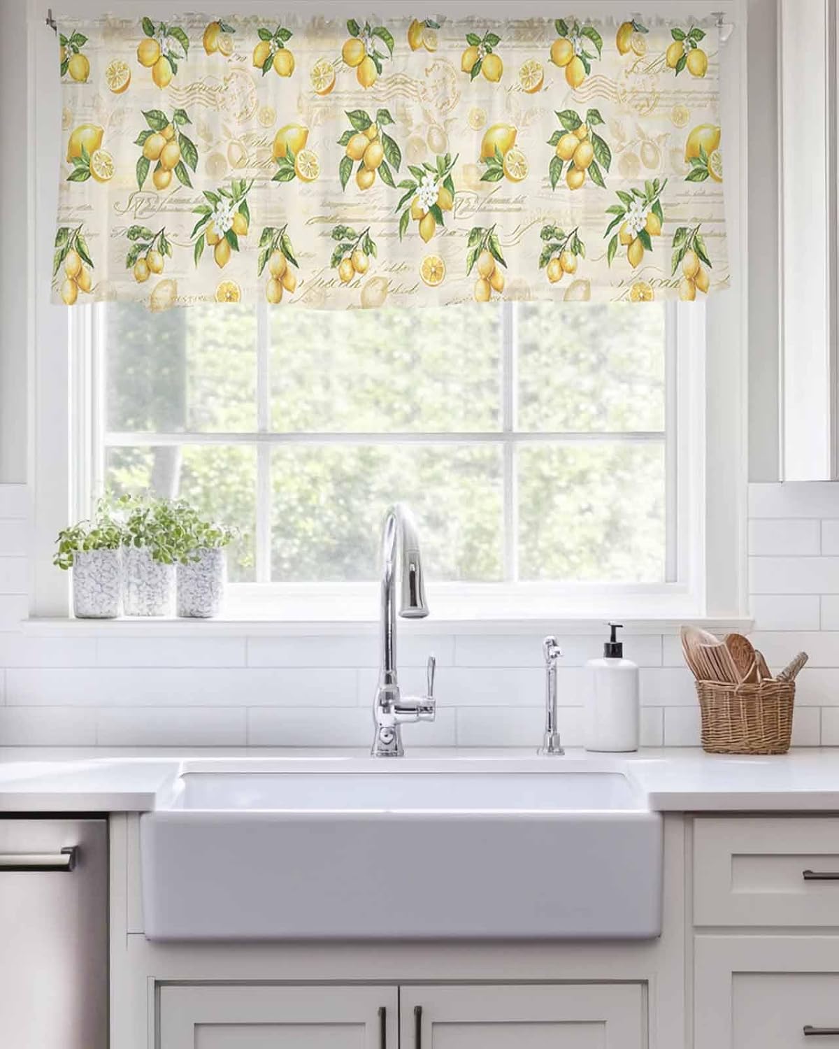Yellow Lemons Valance Curtains for Kitchen/Living Room/Bathroom/Bedroom Window, Summer Botanical Fruit Leaves Country Rod Pocket Small Topper Half Short Window Curtains Voile Sheer Scarf, 54"x18"