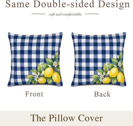 InkRain Lemon Fruit Blue White Gingham Check Grid Pattern Theme Pillow Cover 16x16 Inch Set of 2 Home Decor Summer Spring Kitchen Living House Room Sofa Decorative