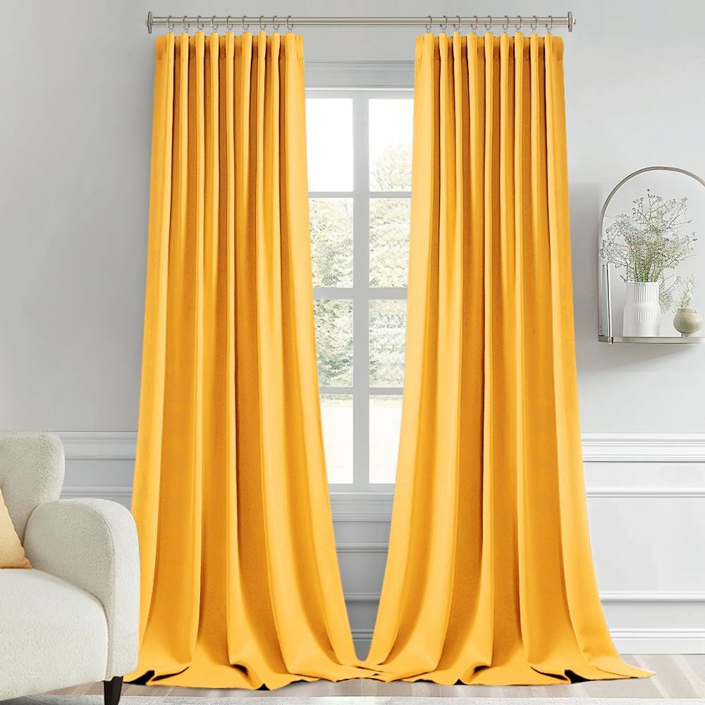 MIULEE Yellow Back Tab Blackout Curtain 96 Inch Long 2 Panels Set for Bedroom, Rod Pocket/Pinch Pleat Thermal Insulated Living Room Darkening Pleated Light Blocking Floor to Ceiling Drape