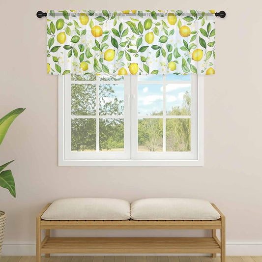 Watercolor Yellow Sheer Curtain 18 Inch Long Green Lemon Plant Leaf Farmhouse Light Filtering Rod Pocket Voile Curtain Valance for Bedroom Kitchen Cafe Window 54" W x 18" L