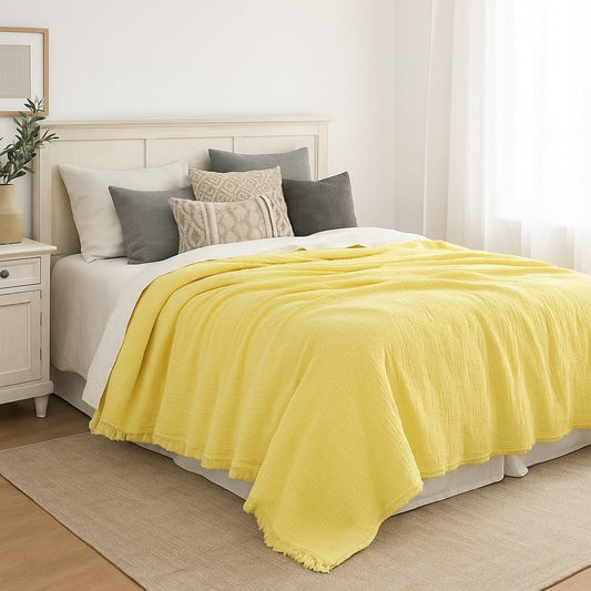 100% Cotton 4-Layer Muslin Blanket Anthracite – Soft Breathable Bedspread Coverlet Throw, Lightweight Gauze Pike Style, Pre-Washed, All Season Use for Bed Sofa (Lemon Yellow, 95x108 inc)