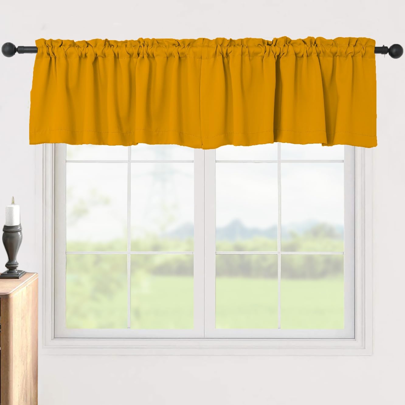 Pickluc Blackout Valance Curtains 18 Inches Long, Short Curtains with Rod Pocket for Kitchen Window, Bathroom, Living Room, Bedroom or Basement, 2 Panels, 52" W x 18" L, Mustard Yellow