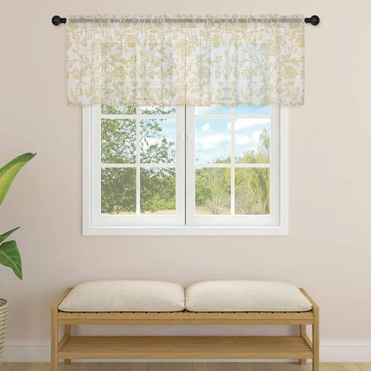 Pastoral Flowers Sheer Curtain 18 Inch Long Yellow Flower Farm Vintage Linen Texture Light Filtering Rod Pocket Voile Curtain Valance for Bedroom Kitchen Cafe Window 54" W x 18" L