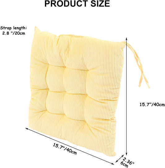 4Pack Chair Cushions for Dining Chairs 15.7"X15.7" Corduroy Chair Pads with Ties Indoor Non-Slip Square Seat Cushion for Kitchen Office Chairs Computer Desk Seat Pad, Light Yellow
