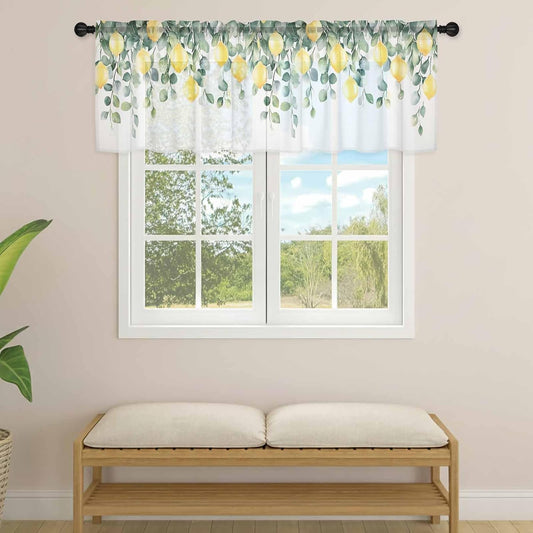 Country Sheer Curtain 18 Inch Long Yellow Lemon Fruit Farm Light Filtering Rod Pocket Voile Curtain Valance for Bedroom Kitchen Cafe Window 54" W x 18" L
