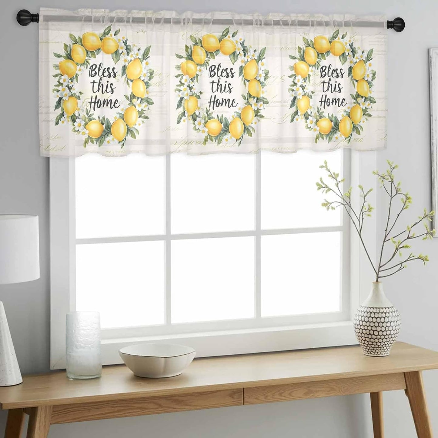 Country Farm Bless This Home Sheer Curtain 18 Inch Long Yellow Lemon Linen Texture Light Filtering Rod Pocket Voile Curtain Valance for Bedroom Kitchen Cafe Window 54" W x 18" L