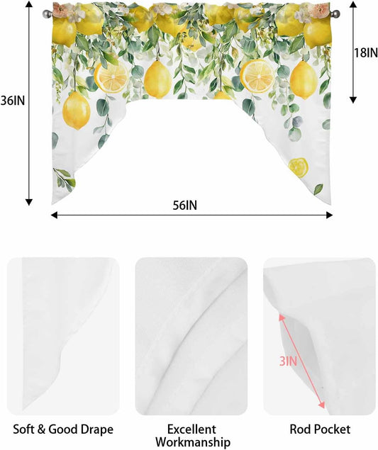 Yellow Lemon Swag Valances for Windows, Summer Fruit Swag Curtains for Kitchen, Living Room, Green Eucalyptus Leaf Flower Small Window Treatments Drapes Curtains for Cafe, Bathroom, Bedroom, 56"x36"