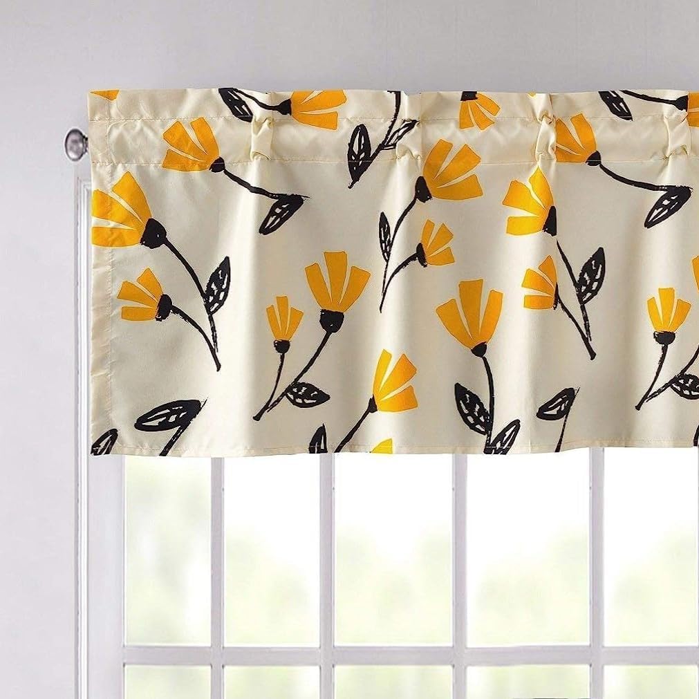 DaDa Bedding Botanical Yellow Fleur Floral Window Curtain - Semi Sheer Valance Spring Country Farmhouse Pale Ivory Background - Golden Orange Straight Tailored Edge Kitchen Decor - 18" x 52"