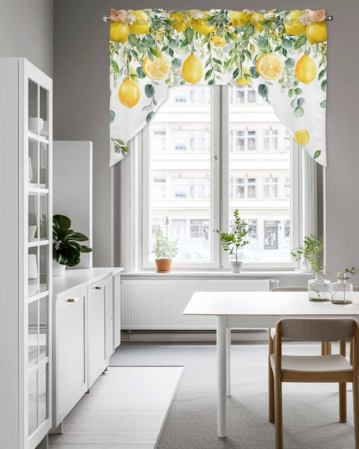 Yellow Lemon Swag Valances for Windows, Summer Fruit Swag Curtains for Kitchen, Living Room, Green Eucalyptus Leaf Flower Small Window Treatments Drapes Curtains for Cafe, Bathroom, Bedroom, 56"x36"