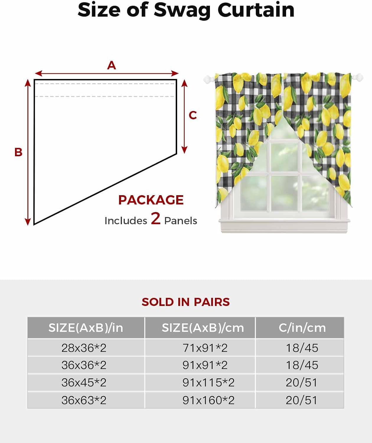 Yellow Lemon Swag Valances for Windows Summer Fruit Black Buffalo Plaid Country Semi Sheer Valance Curtains Voile Swags Topper Curtain for Kitchen Living Room Bedroom, 2 Panels, 36x36 Inch