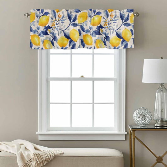Teamery Valance Curtains for Kitchen Windows Vintage Lemon Blue Leaves on Linen Rod Pocket Valance Watercolor Botanical Short Window Curtain Topper for Bedroom Living Room Bathroom 42x12in,1 Panel
