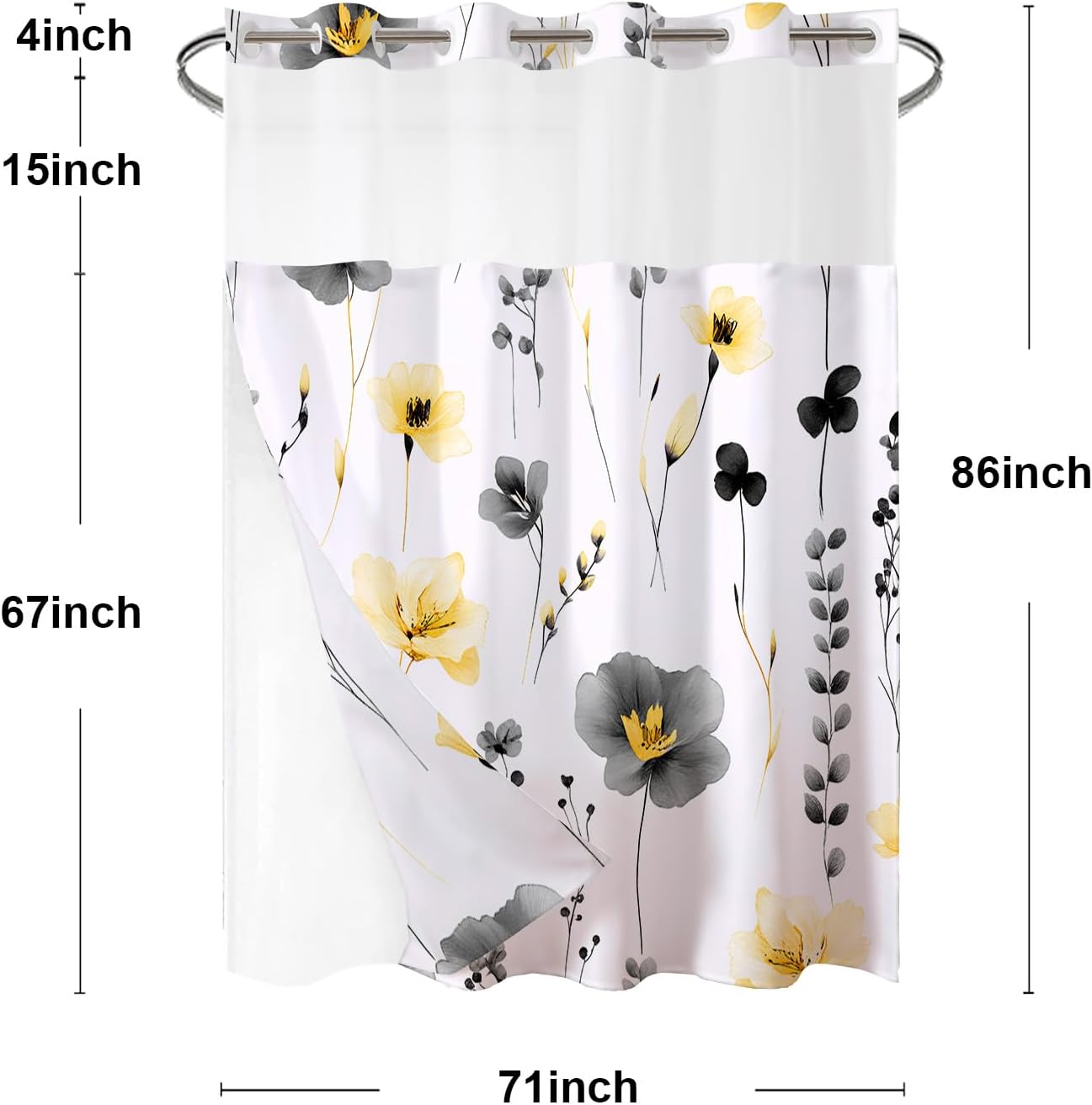 No Hook Floral Shower Curtains with Snap-in Liner Set for Bathroom, Hotel Style Double Layers with See Through Mesh Top Window, Yellow Grey Flower Fabric Bath Curtain Home Décor, 71x86 Inch