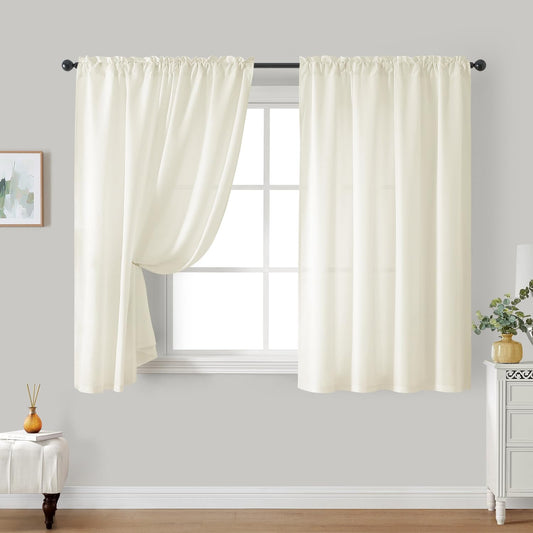 HOMEIDEAS Non-See-Through Cream Yellow Privacy Sheer Curtains, 52 X 54 Inches Long 2 Panels Light Yellow Sheer Curtains Light Filtering Window Drapes for Bedroom Living Room
