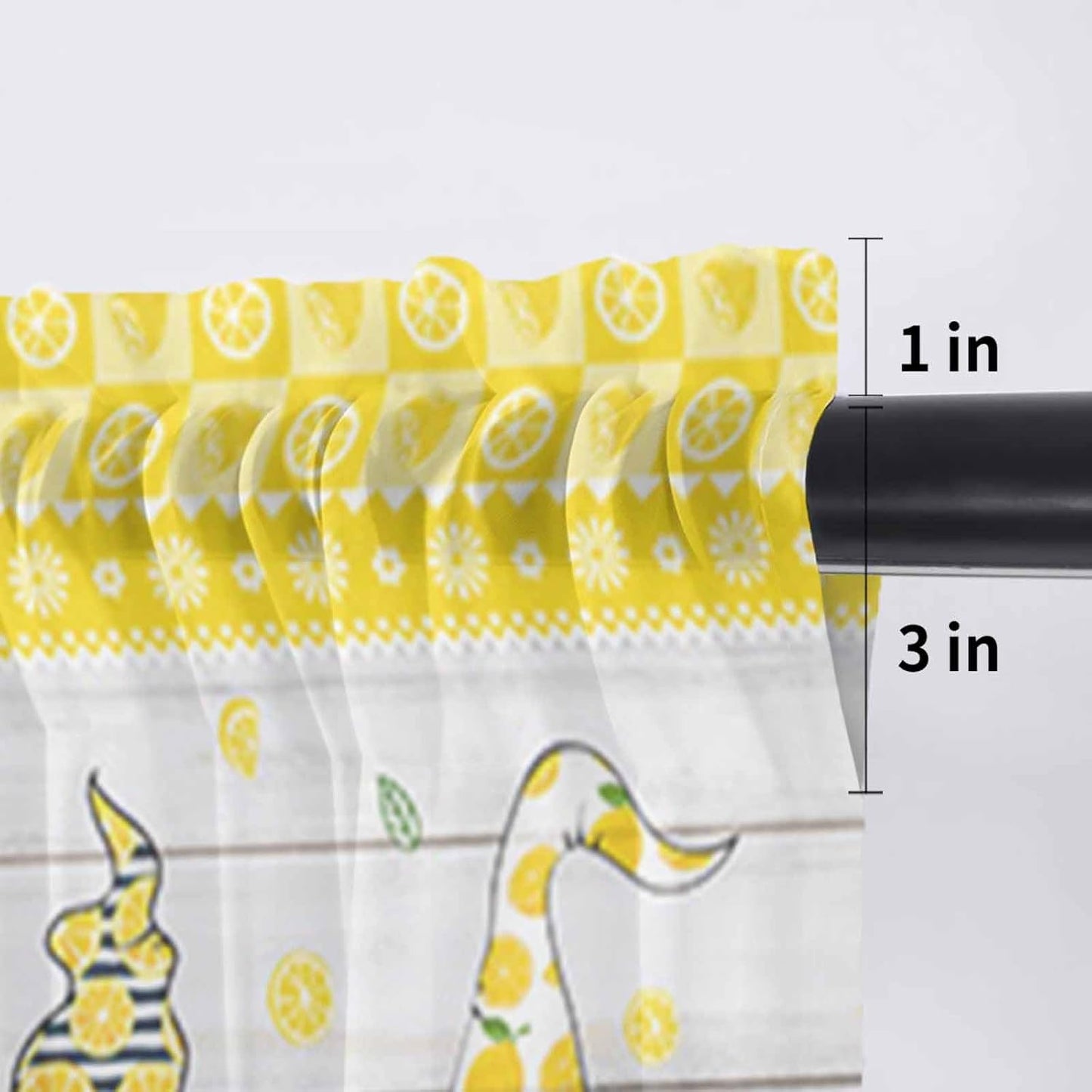 Sheer Window Valance Lemon and Gnomes Semi Voile Short Curtain Rod Pocket Yellow Check Plaid Wood Grain Valances Window Treatment for Bedroom Living Room Kitchen 54x18in