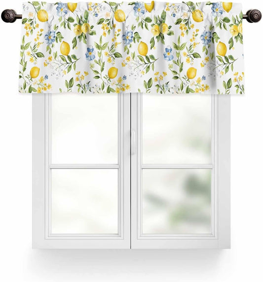 Lemon Valances for Windows/Bedroom/Living Room/Kitchen/Cafe, Blue Yellow Flower Lemon Summer Semi Sheer Small Curtain Valance Rod Pocket Light Filtering Window Treatment, 60" x 18"