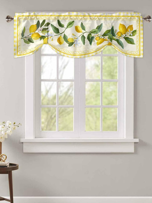 Semi-Sheer Kitchen Valances for Windows, Adjustable Tie Up Valances Curtains Light Filtering, Summer Fruit Lemon Plant Leaves Farmhouse Buffalo Plaid Check Elegant Window Toppers Valances 42x12in