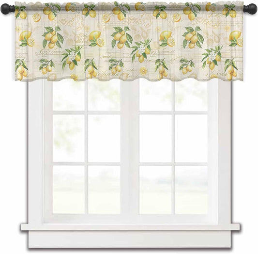 Yellow Lemons Valance Curtains for Kitchen/Living Room/Bathroom/Bedroom Window, Summer Botanical Fruit Leaves Country Rod Pocket Small Topper Half Short Window Curtains Voile Sheer Scarf, 54"x18"