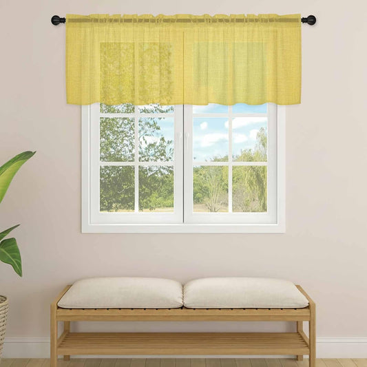 Vintage Linen Sheer Curtain 18 Inch Long Pastoral Yellow Linen Texture Farmhouse Light Filtering Rod Pocket Voile Curtain Valance for Bedroom Kitchen Cafe Window 54" W x 18" L