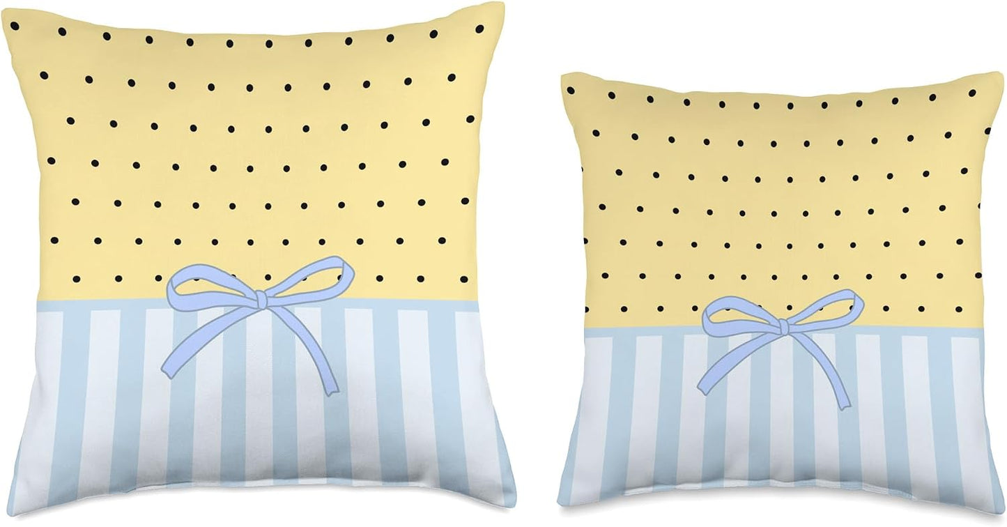 Black Polka Dot Butter Yellow Cute Coquette Bow Blue Striped Throw Pillow