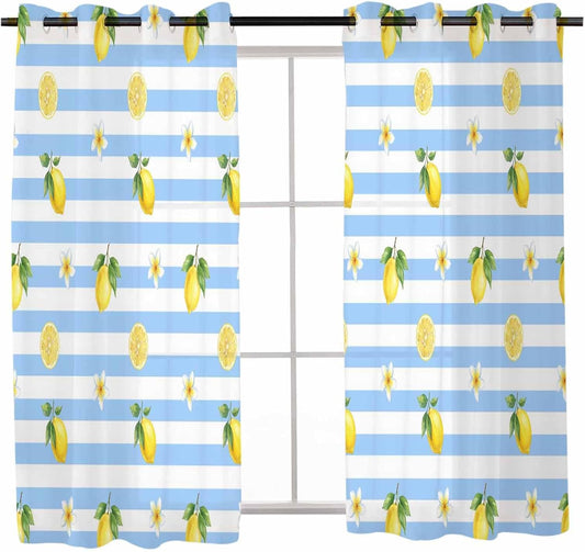 Summer Fruit Sheer Curtains 48 Inches Long 2 Panels Set, Watercolor Yellow Lemon Rustic Flower Plate Blue Stripes Chiffon Sheer Backdrop Curtains Sheer Curtain Panels for Bedroom Living Room 52x45in