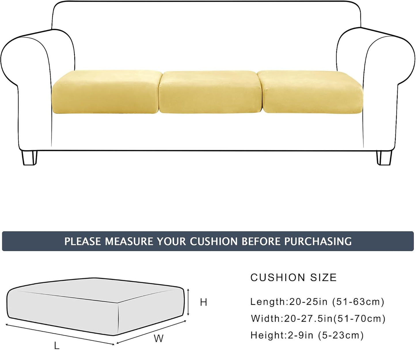CONRUSER Stretch Cushion Cover, Soft Velvet Plush Cushion Slipcover Seat Sofa Covers Furniture Protector with Elastic Bottom (Yellow, 3)