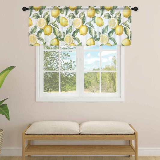 Yellow Lemon Sheer Curtain 18 Inch Long Fruit Leaf Vintage Plant Country Style Light Filtering Rod Pocket Voile Curtain Valance for Bedroom Kitchen Cafe Window 54" W x 18" L