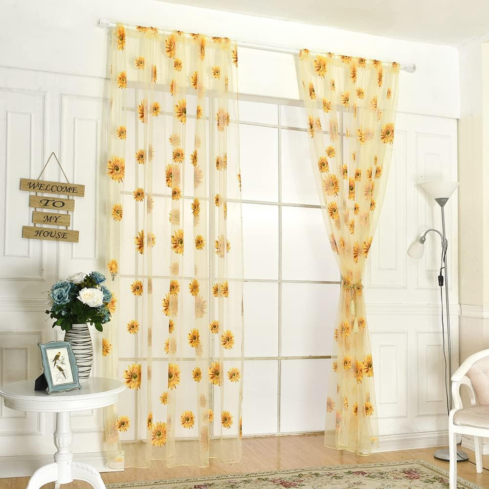 BIGEBO 2PCS Sunflower Curtains with 2 Curtain Tiebacks Rope | Rod Pocket Window Treatments W39" x L79" Yellow Sheer Window Curtains for Bedroom Living Room Kitchen Decor