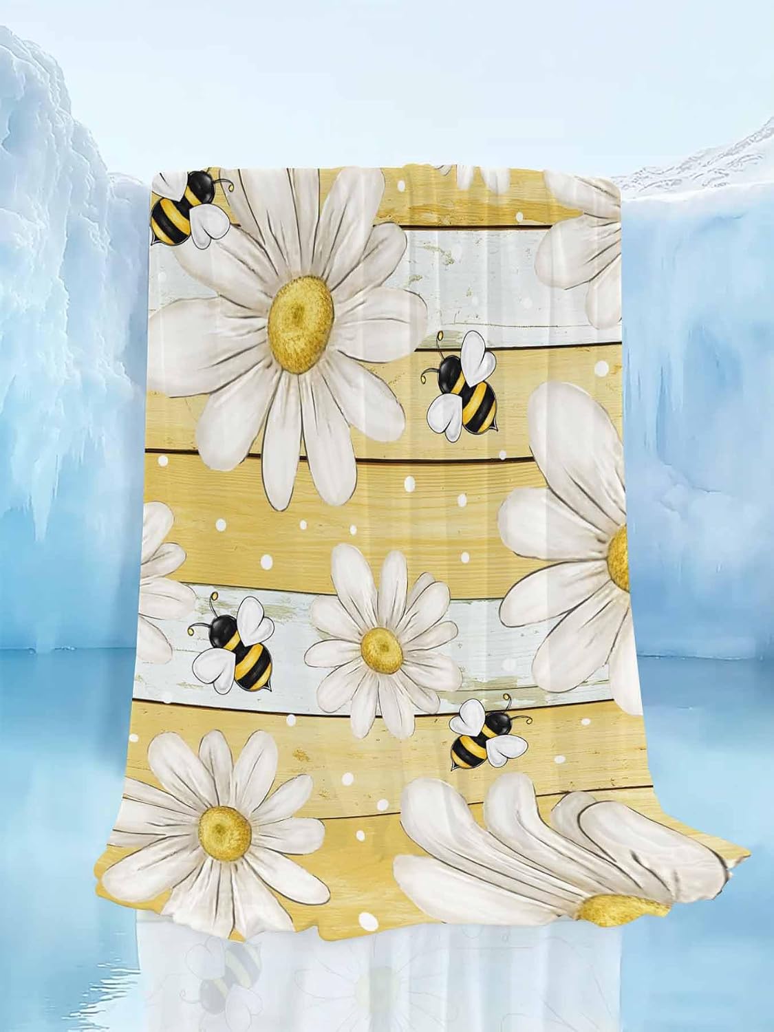 Cooling Blanket for Hot Sleepers, White Daisy Farmhouse Lightweight Breathable Summer Blanket, Garden Floral Bees Yellow Wooden Double-Side Cool Throw Blankets for Sleeping Travel, 40"x60"