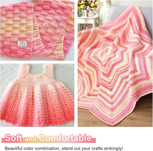 Aeelike Cake Yarn for Crocheting, Soft Ombre Crochet Yarn, Pink Yellow | 3 PCS #3 Light weight 100g(3.52oz) 245m( 267yards), 60% Cotton Blend Gradient Yarn for Blanket Scarves DIY Crafts, Ideal Gift