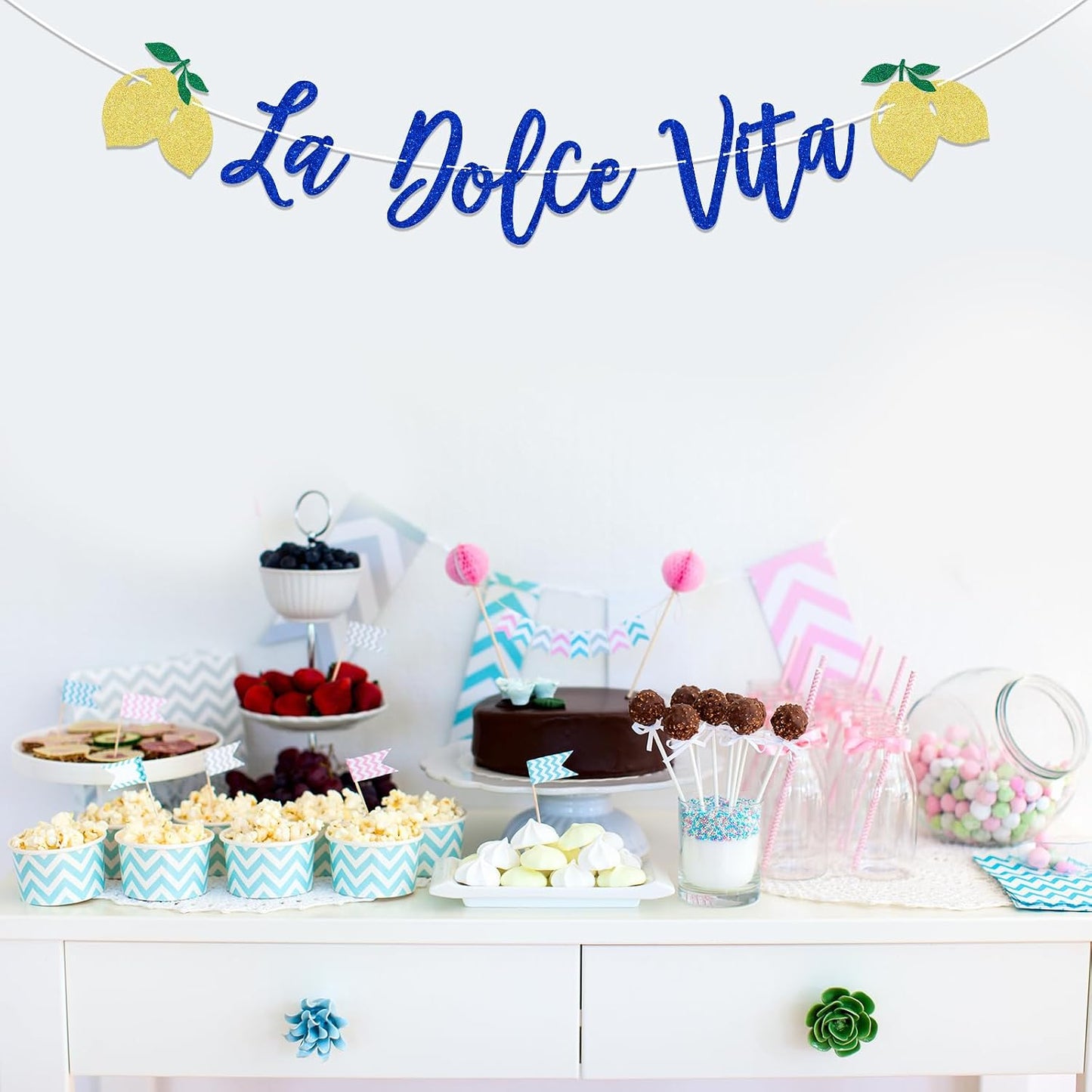La Dolce Vita Bridal Shower Wedding Banner, Lemon Citrus Bachelorette Decor, Italian Summer Dinner Celebration Decorations, Girls Bachelorette Weekend Party Decorations Gold Blue Glitter