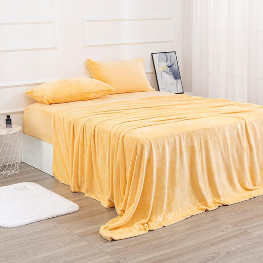 Velvet Plush Sheets Set Full Size, Micro Fleece Extra Soft Cozy Sheet and Pillowcase Set,Ultra Plush and Warmth Deluxe Bed Sheets with Deep Pockets (Full Yellow 4 Piece)